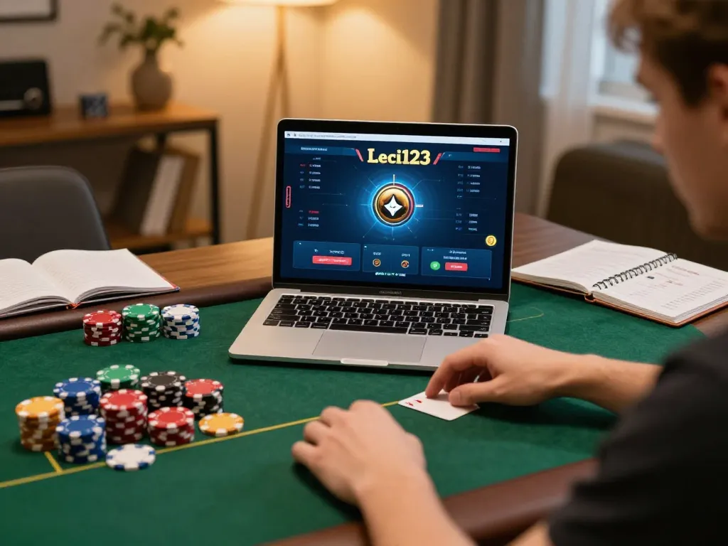 Leci123 online poker gameplay strategy in a cozy home office setting.