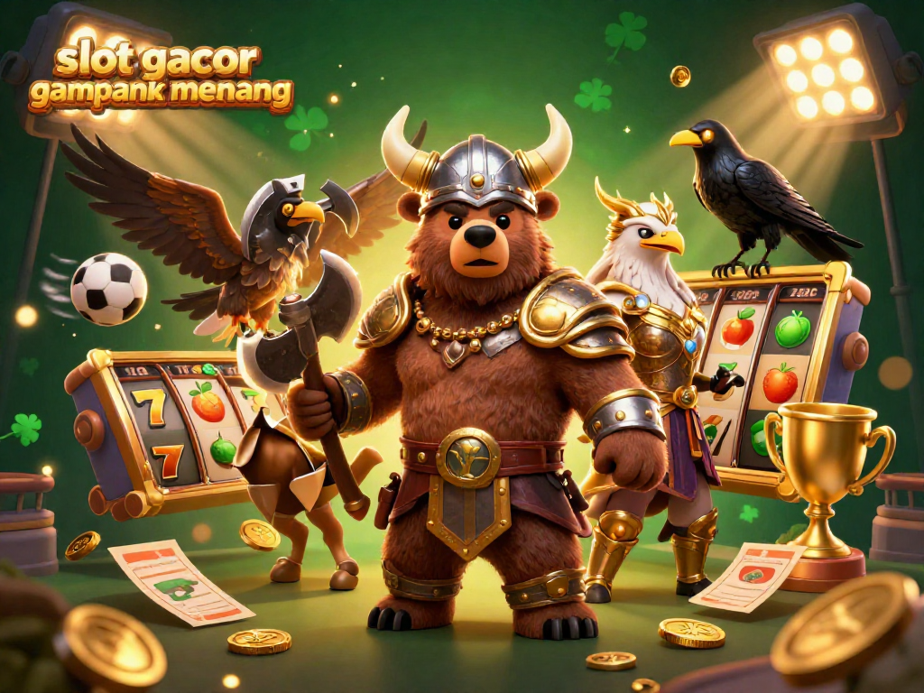 Experience excitement with slot gacor gampang menang, featuring Viking and Valkyrie in a vibrant casino scene.
