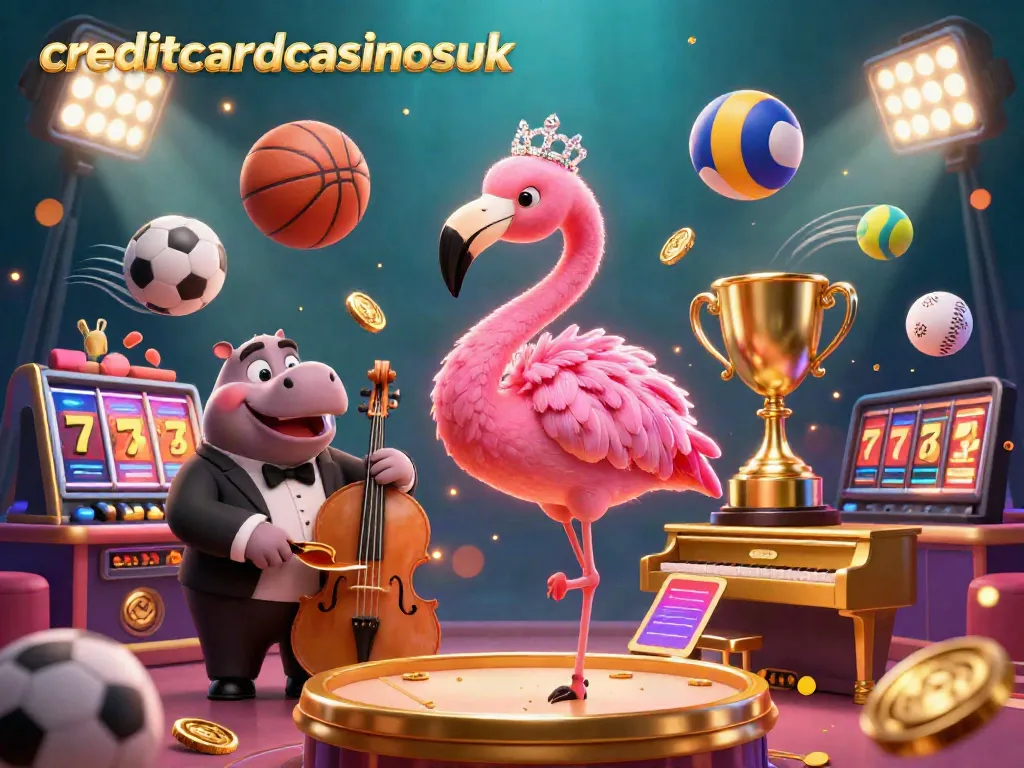 This vibrant scene captures the essence of creditcardcasinosuk with a casino lounge singer flamingo and a hippo bassist amidst lively gaming elements.
