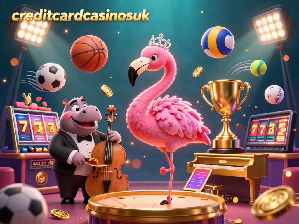 This vibrant scene captures the essence of creditcardcasinosuk with a casino lounge singer flamingo and a hippo bassist amidst lively gaming elements.