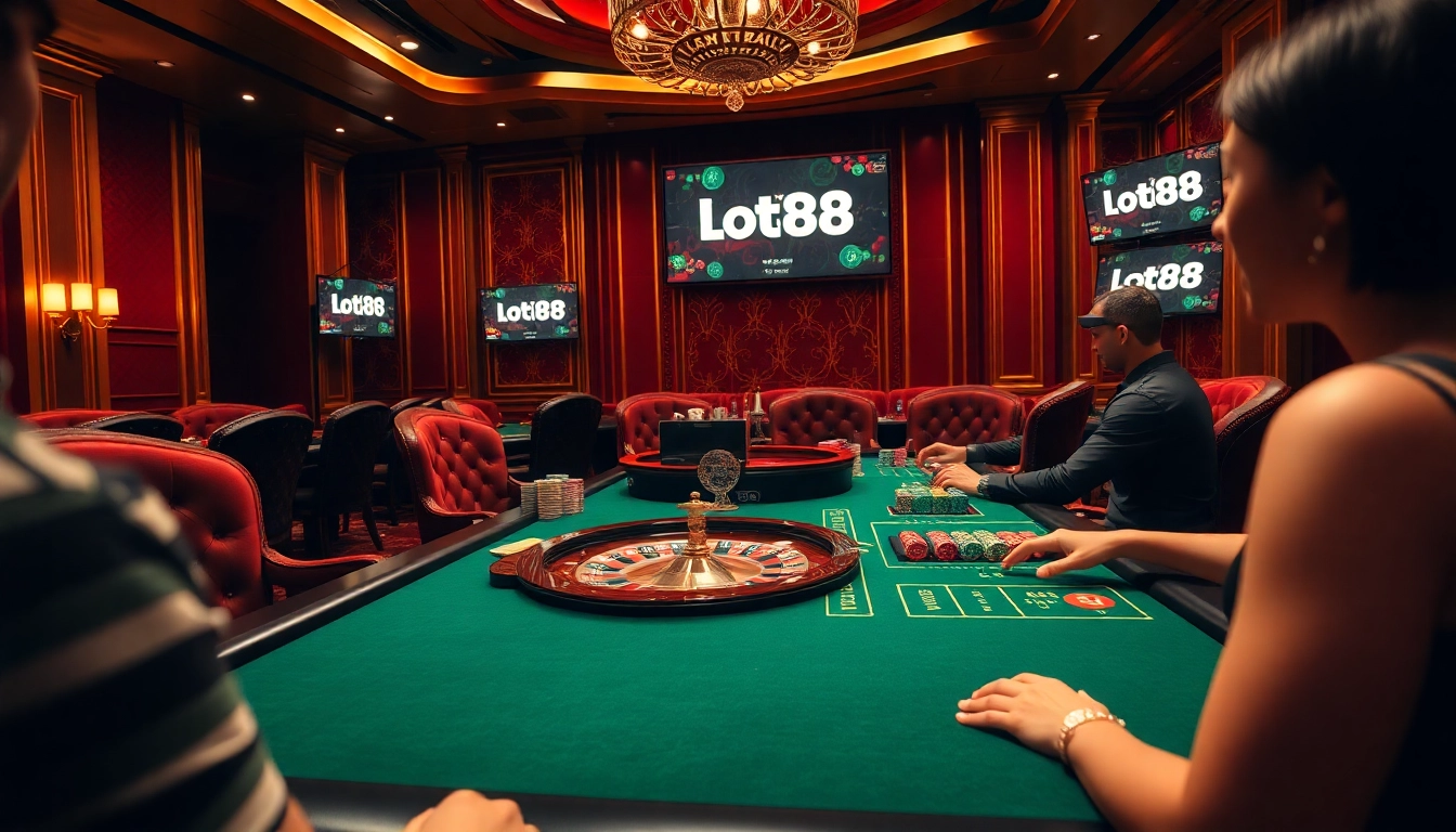 Gamblers enjoying the Loto188 online platform at a luxurious casino setting, showcasing poker chips and thrilling gameplay.