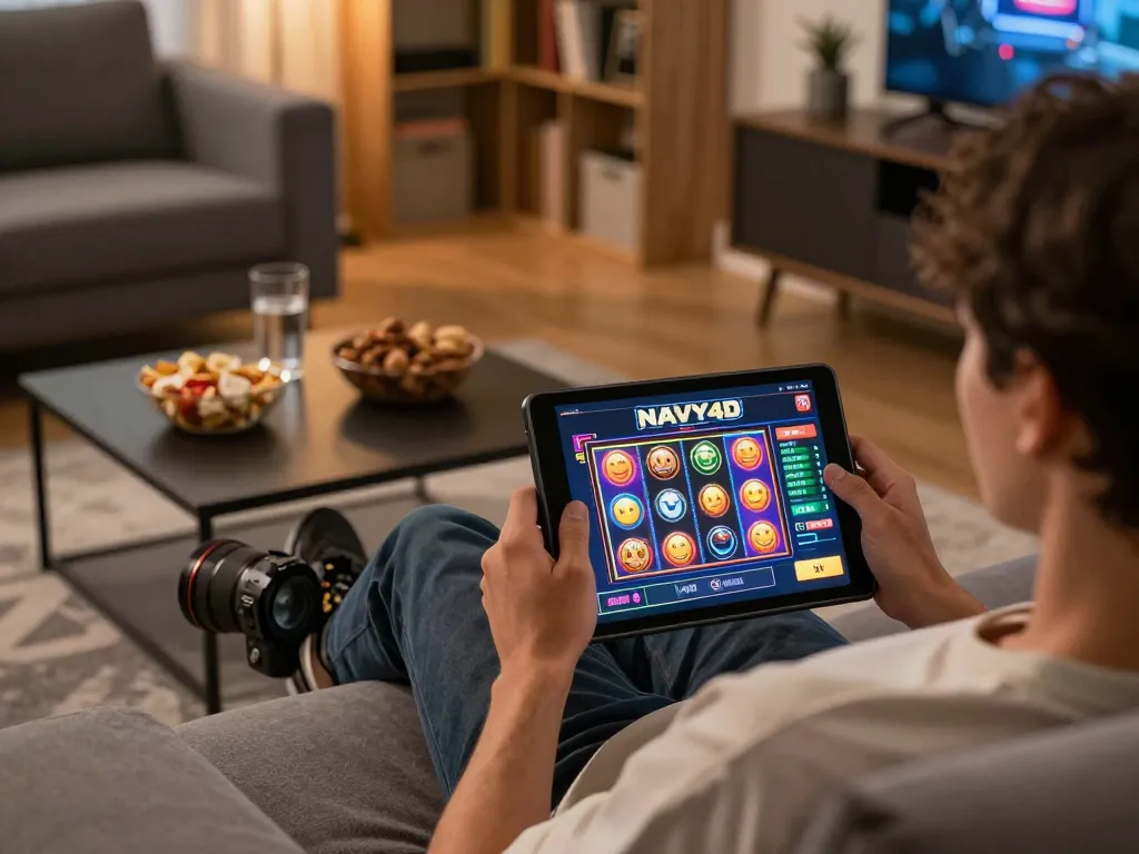 Terlibat dengan NAVY4D dalam pengaturan rumah yang nyaman, seseorang bermain di tablet dengan fokus yang intens.