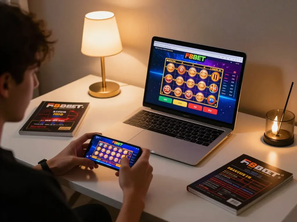 F8BET user playing casino games on smartphone, illustrating an engaging online gaming experience.