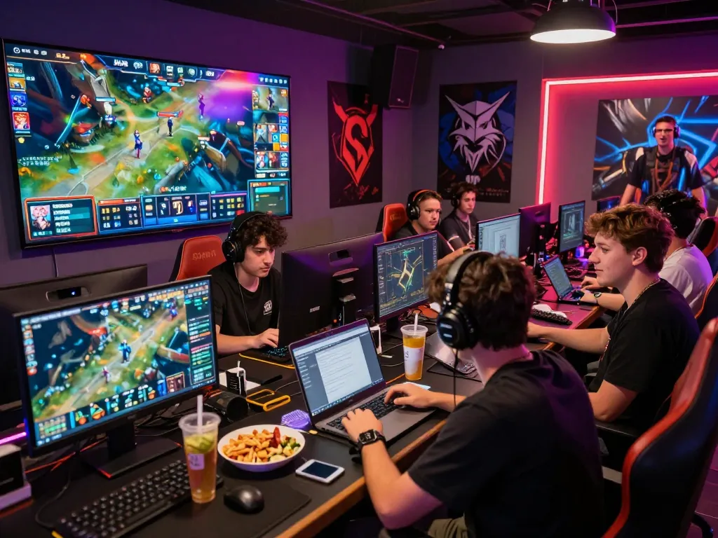 Engaged gamers at https://gglbetsg.org/dota2-betting/ analyzing live Dota 2 match statistics in a vibrant esports lounge.