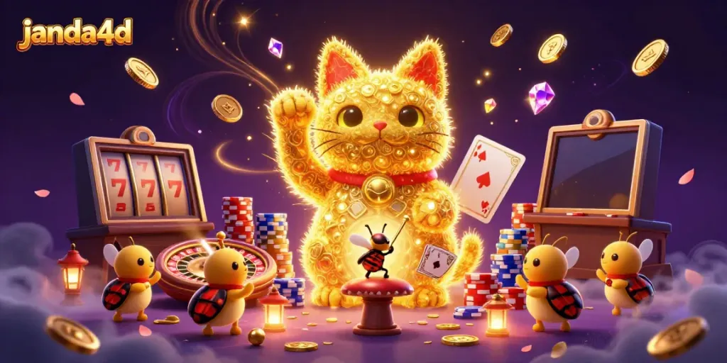 Rasakan keseruan bermain di janda4d dengan ilustrasi kucing keberuntungan dan simbol kasino berkilauan.