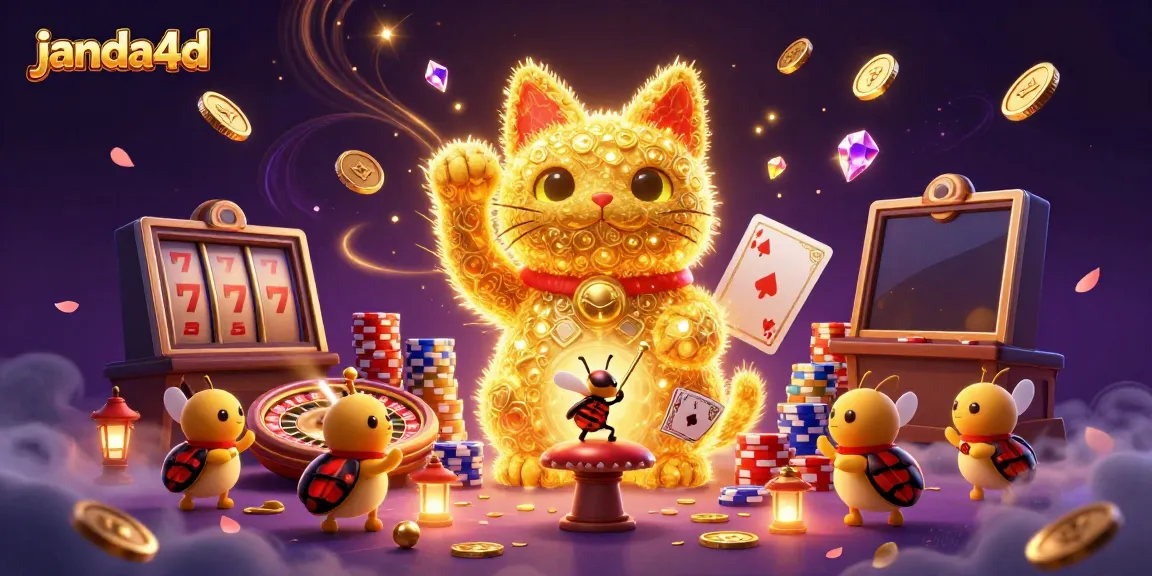 Rasakan keseruan bermain di janda4d dengan ilustrasi kucing keberuntungan dan simbol kasino berkilauan.