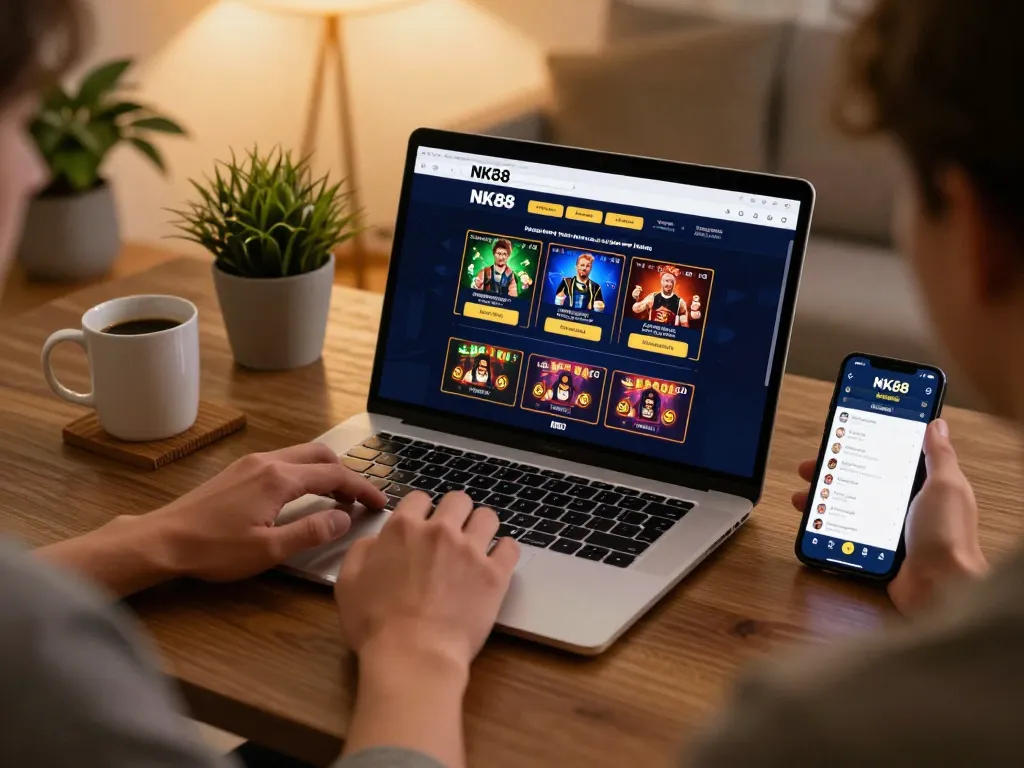 Player engaging with NK88 link on laptop screen featuring online casino gaming interface.