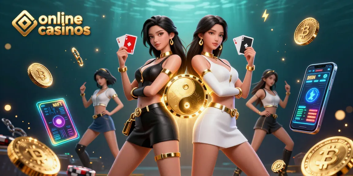 Engage with online casinos through a dynamic scene featuring twin women with playing cards, crypto assets, and vibrant effects.