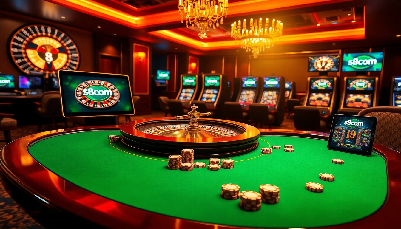 Engage in thrilling gameplay at s8com's luxurious casino with poker chips and a roulette wheel.
