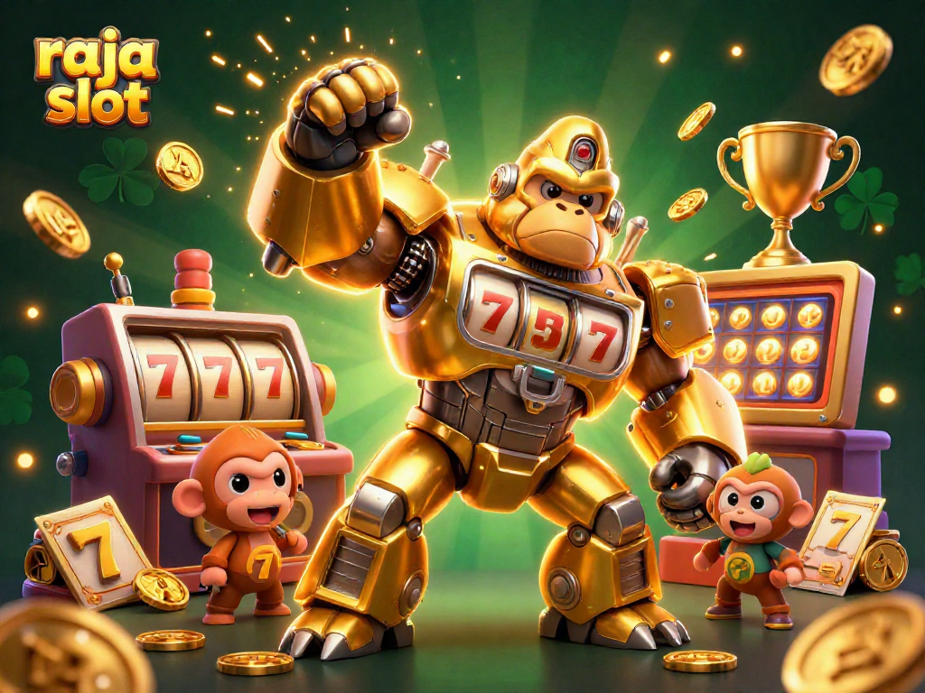 Mengoptimalkan permainan di raja slot dengan mech gorila emas yang fantastis penuh simbol mesin slot dan jackpot.