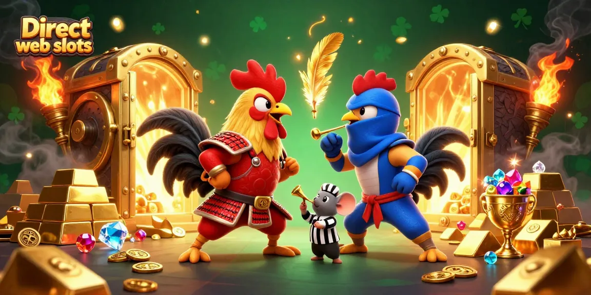 Engage with Direct web slots in a thrilling 3D scene featuring vibrant roosters, gold, and casino elements.