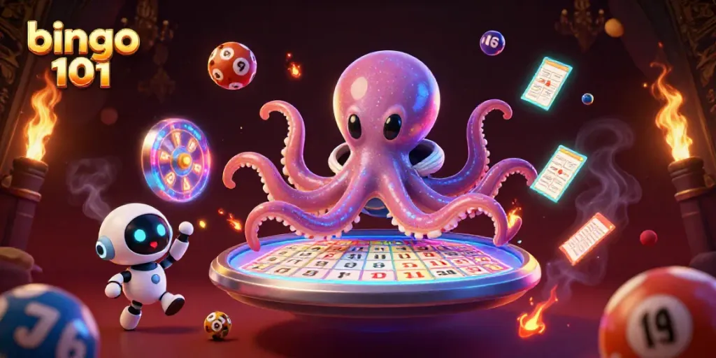 Enjoy exciting bingo games with Bingo 101 featuring alien octopus and vibrant game elements.