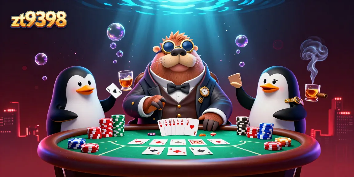 Engage with zt9398's thrilling poker scene featuring a walrus, dealer penguin, and bluffing pufferfish.