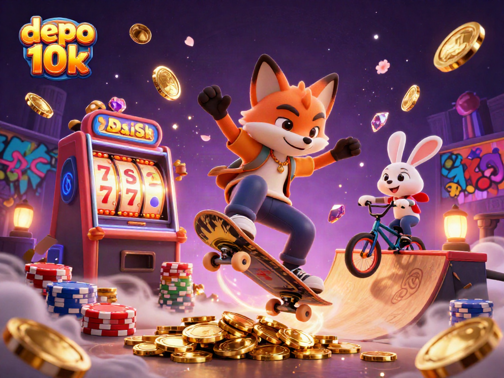 Menangkan permainan kasino dengan depo 10k, ilustrasi kartun slot yang menarik dan penuh aksi.