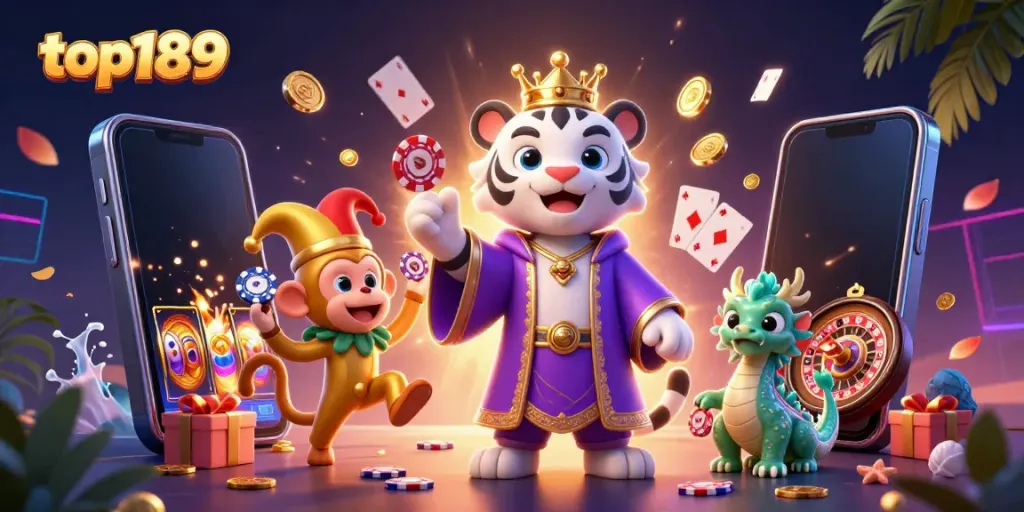 Engage with top189's vibrant 3D-themed casino scene featuring a royal tiger, playful monkey, and lively jade dragon.