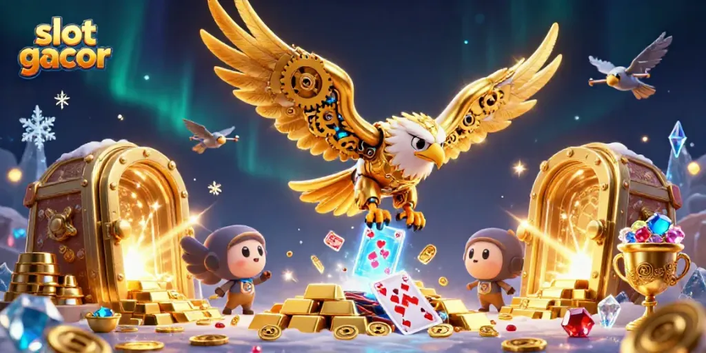 Experience slot gacor excitement with a dynamic scene of a golden eagle diving through cards surrounded by treasures.