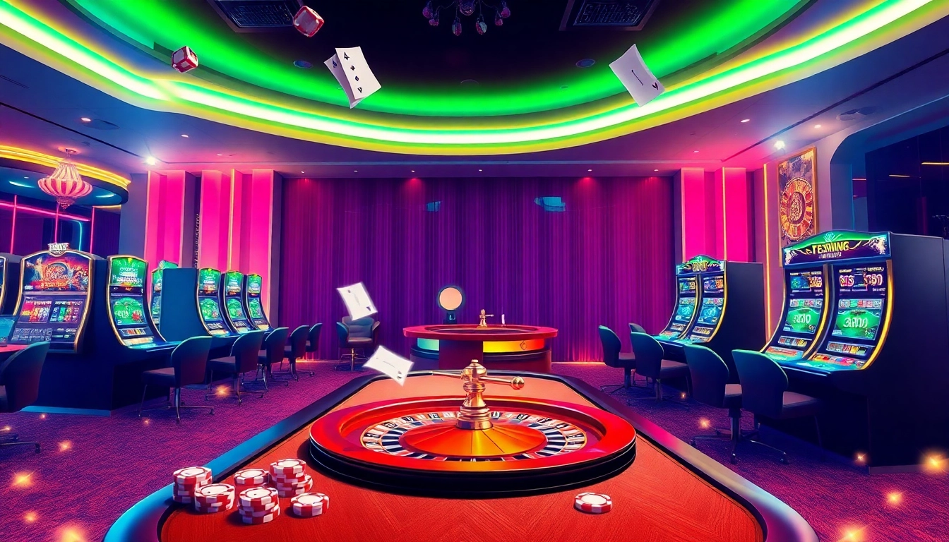 Engaging scene depicting the luxury and excitement of NHÀ CÁI 999BET featuring casino tables and colorful slot machines.