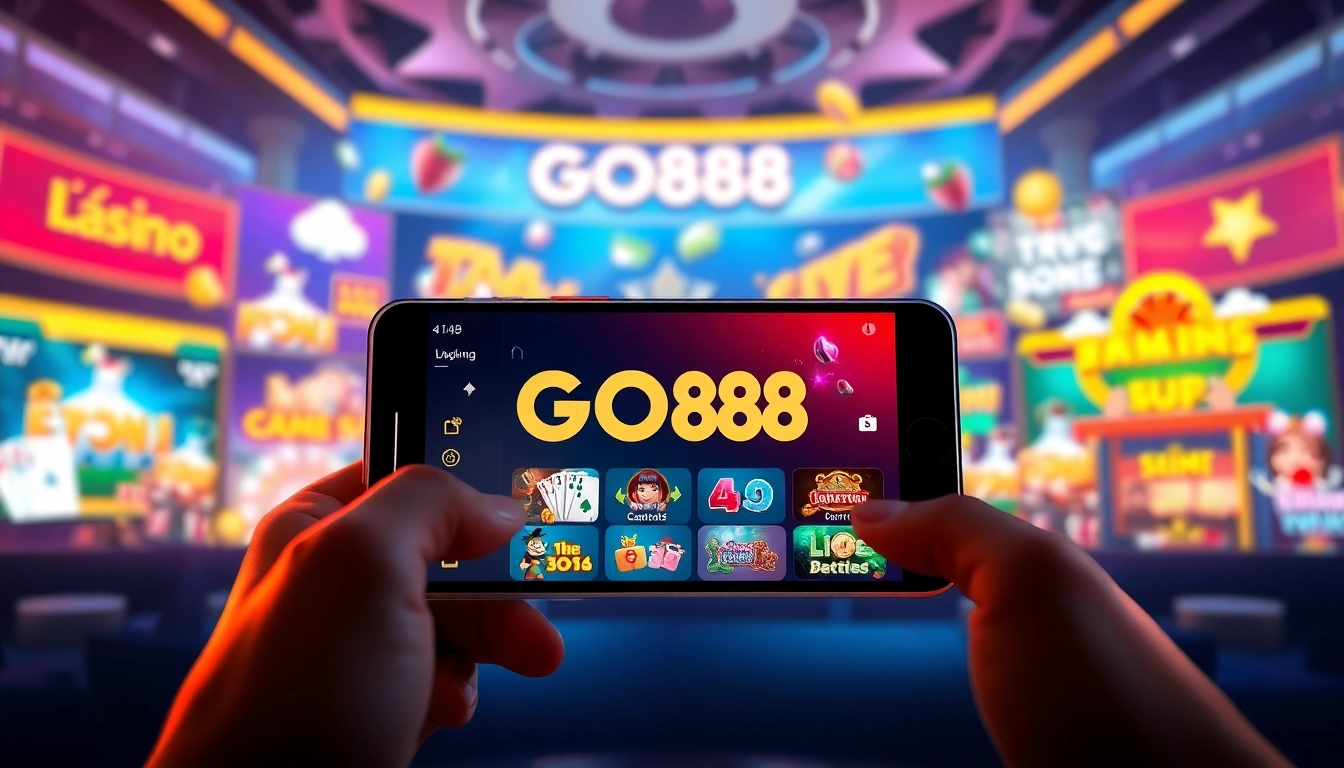 Tải GO88 mobile app displayed on a smartphone within a vibrant gaming interface.