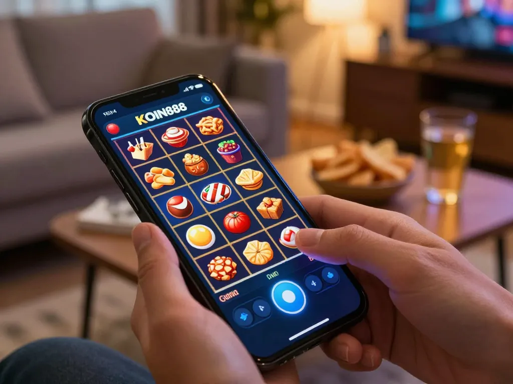 Pemain KOIN888 memutar mesin slot di smartphone untuk pengalaman bermain game di rumah yang menyenangkan.