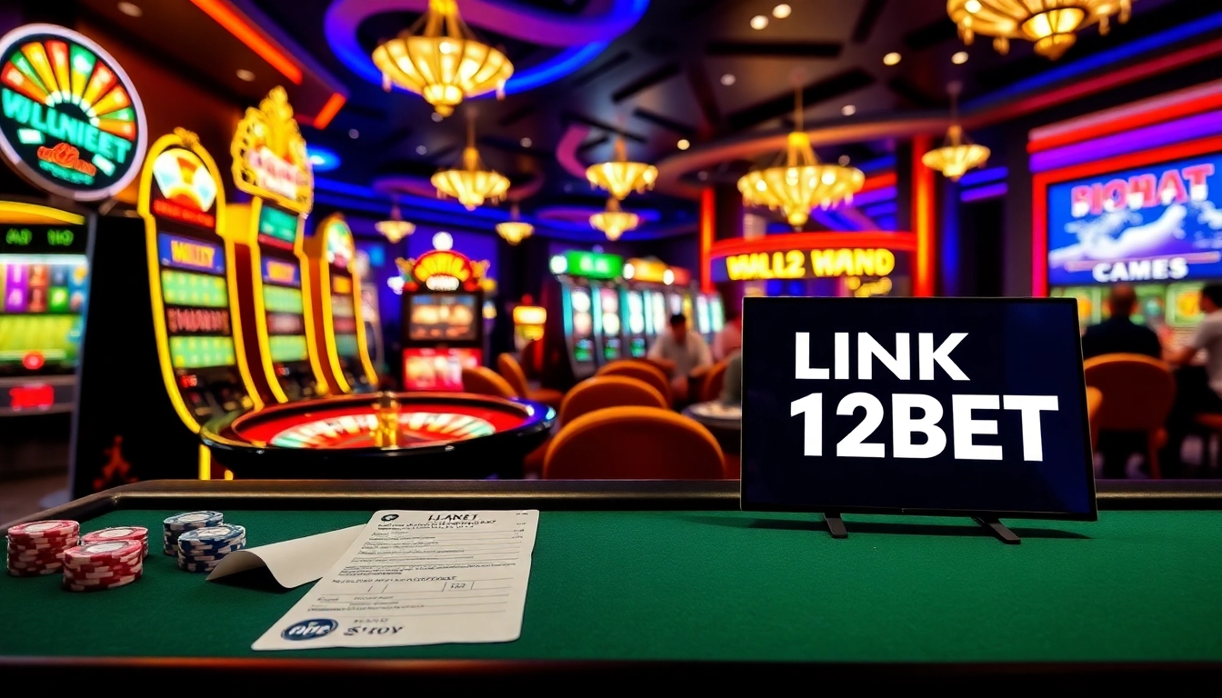 Exciting casino scene featuring LINK 12BET with poker tables and slot machines.