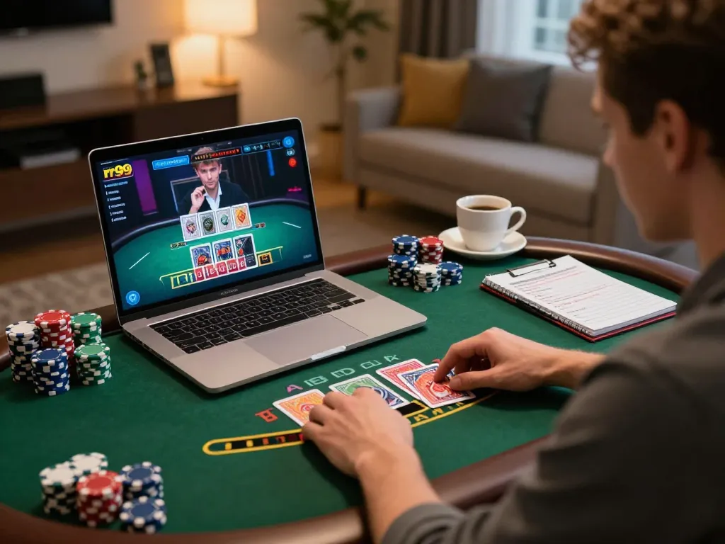 Player focused on live dealer blackjack game at rr99 with laptop and strategy notes