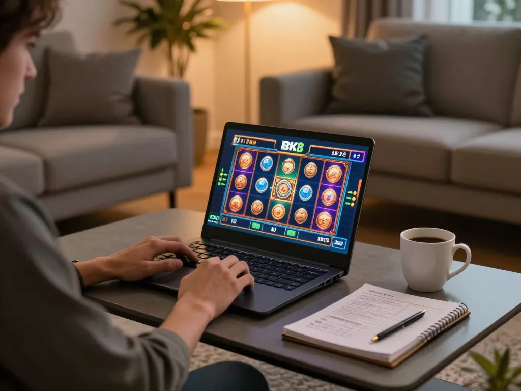 Engaging in online gaming at BK8 with a laptop in a cozy living room setting