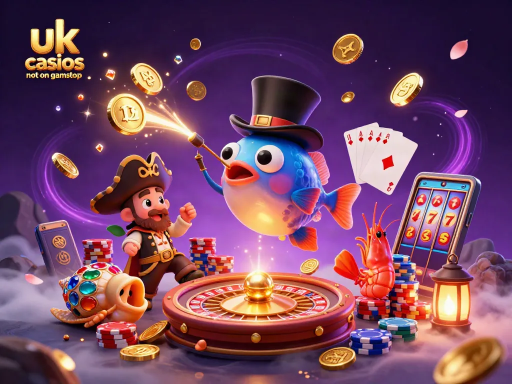 Engage with uk casinos not on gamstop featuring a vibrant 3D casino scene with characters attracting coins.