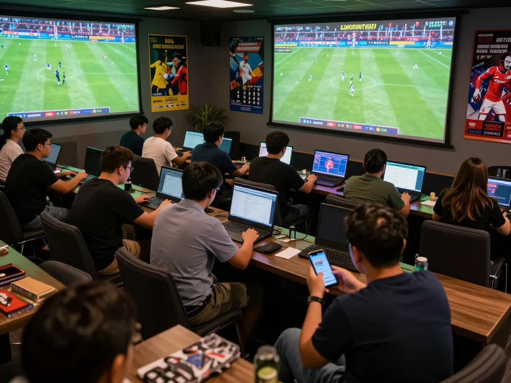 Kèo nhà cái 5 in an energetic sports betting lounge with fans actively placing bets during a live match.