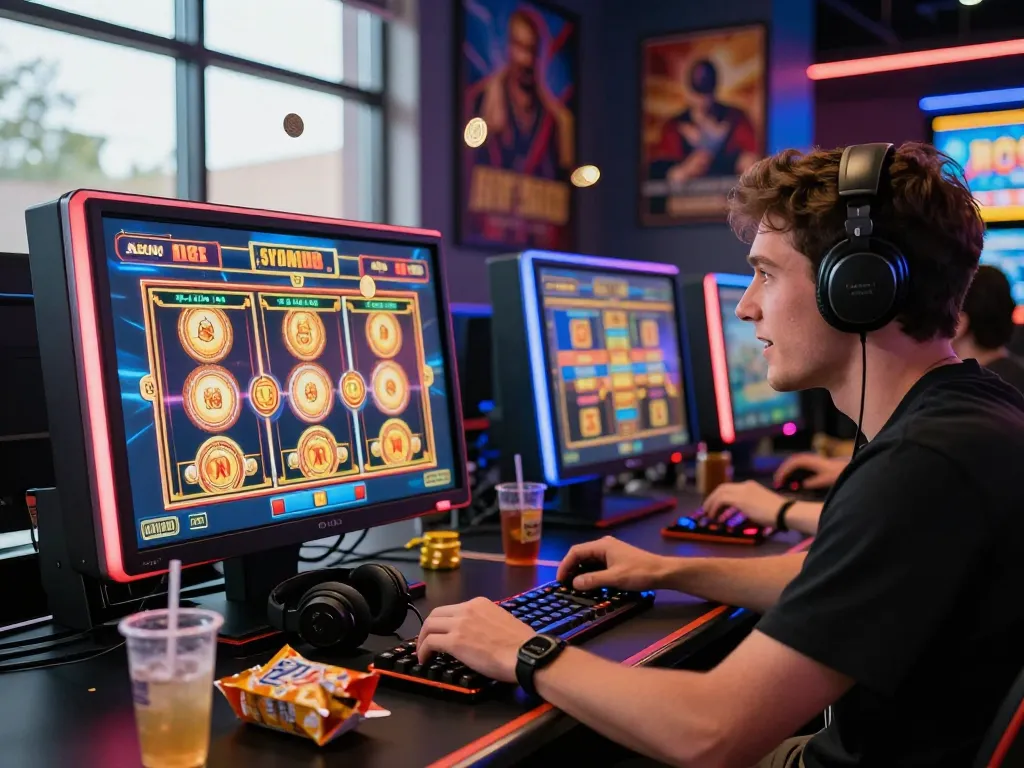 Suasana permainan slot gacor hari ini yang menarik dengan pemain terlibat dalam kasino online yang penuh warna