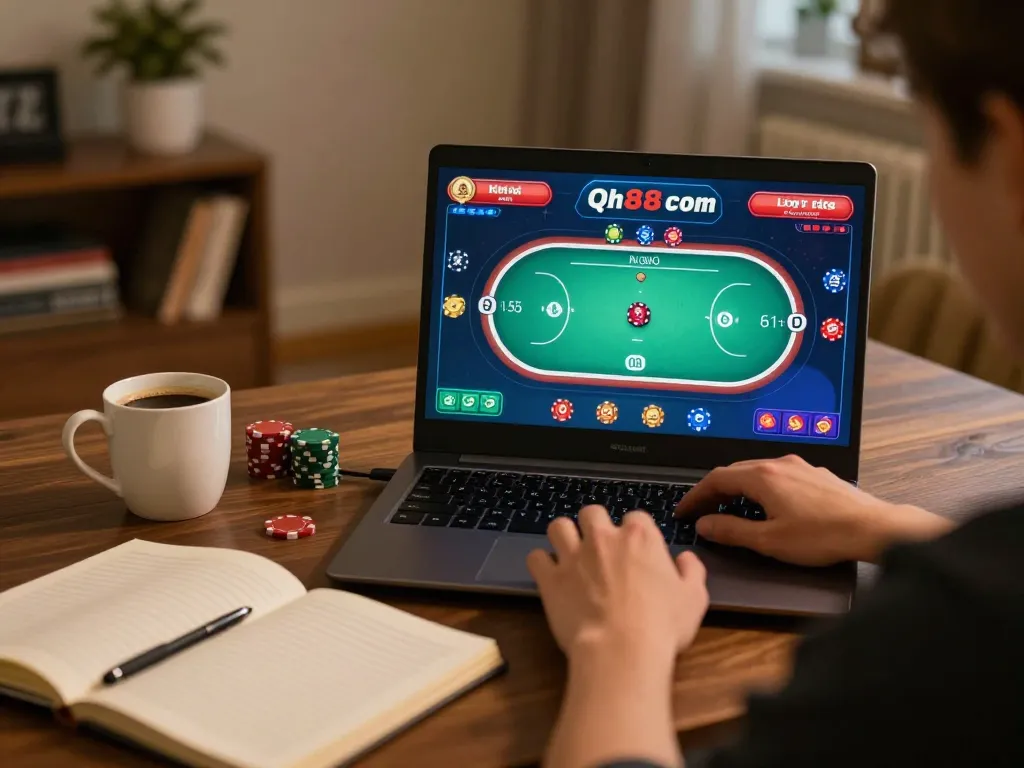 Engaging in online gaming on Qh88 com with poker interface displayed on laptop in cozy home setting