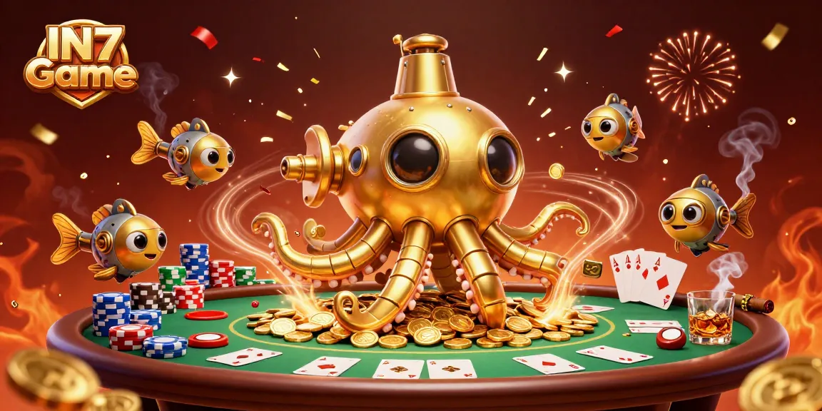 Experience the thrilling IN7 Game in this dynamic 3D casino illustration featuring a golden kraken.