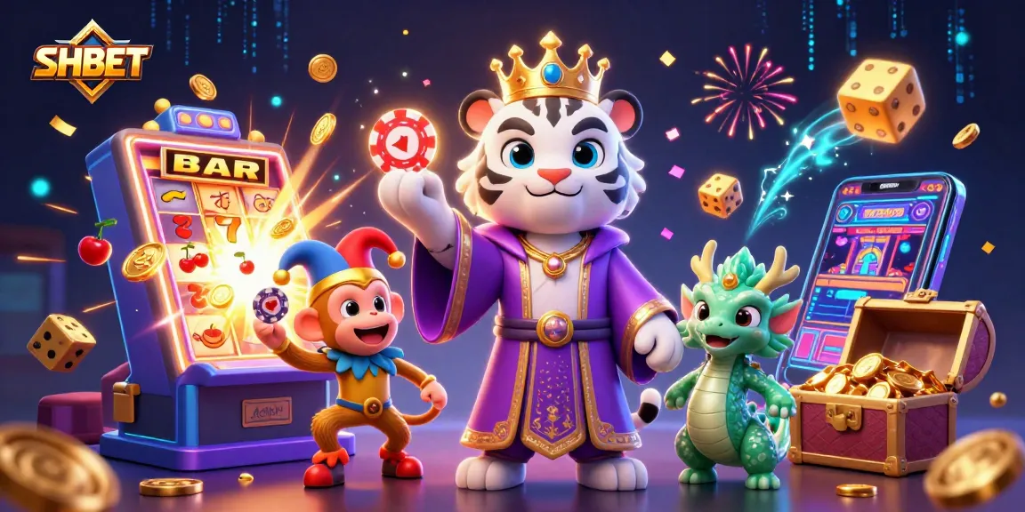 Engage with SHBET's thrilling casino games featuring a regal tiger, jester monkey, and jade dragon.
