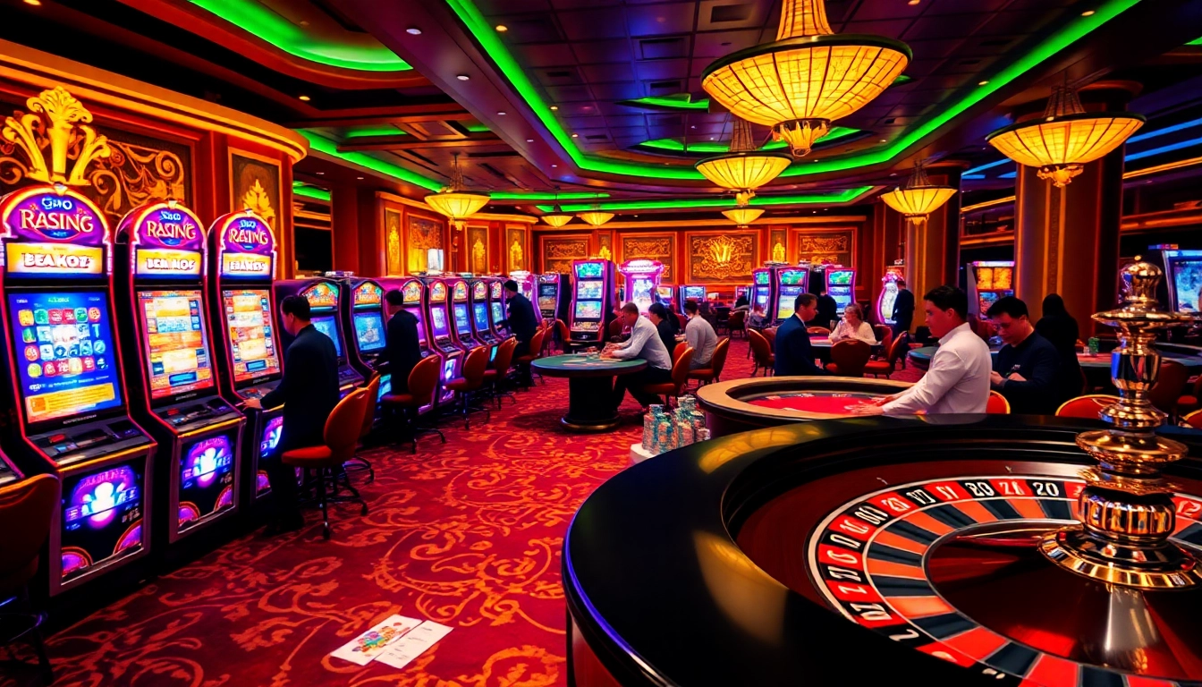 Spectacular gaming scene at so do casino featuring vibrant slot machines, a blackjack table, and a roulette wheel.