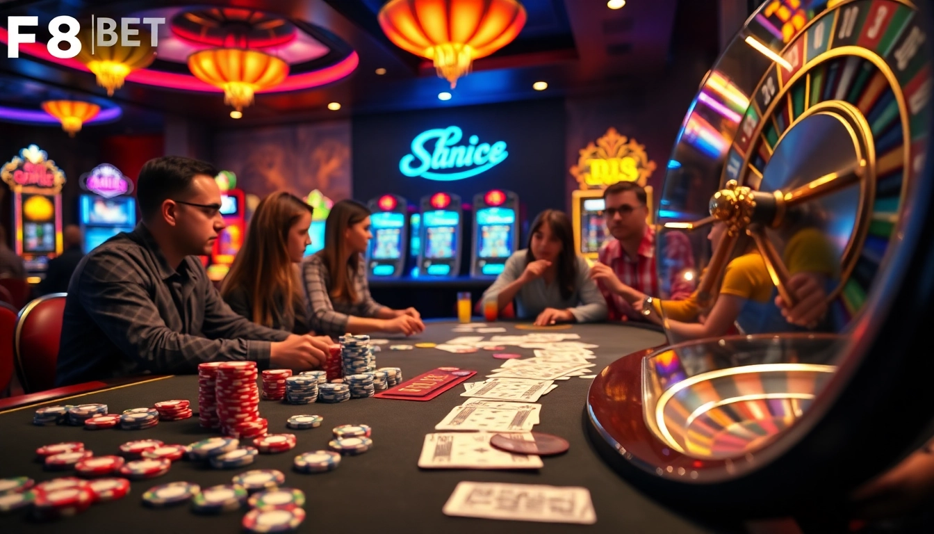 Players engaged in a thrilling game at F8bet casino, featuring cards, chips, and a roulette wheel.