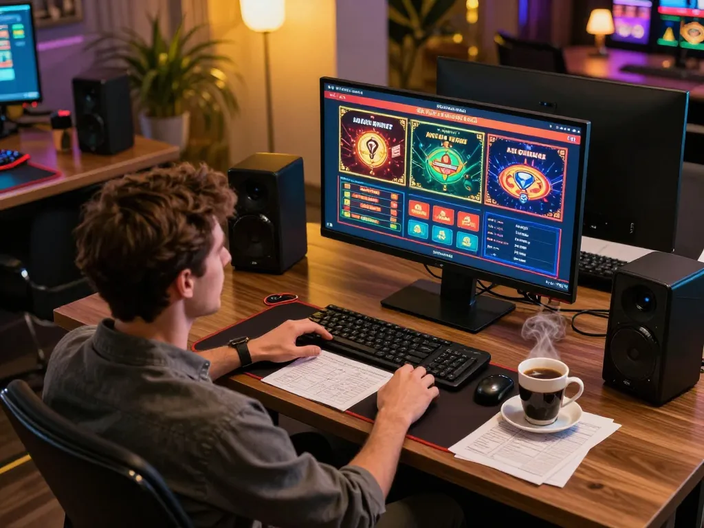 Player engaging in online slots terpercaya, featuring strategy notes and a warm atmosphere