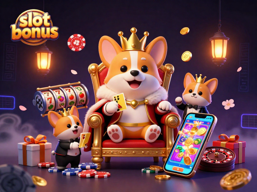 Experience thrilling wins with slot bonus in a vibrant 3D casino scene featuring animated corgi characters.