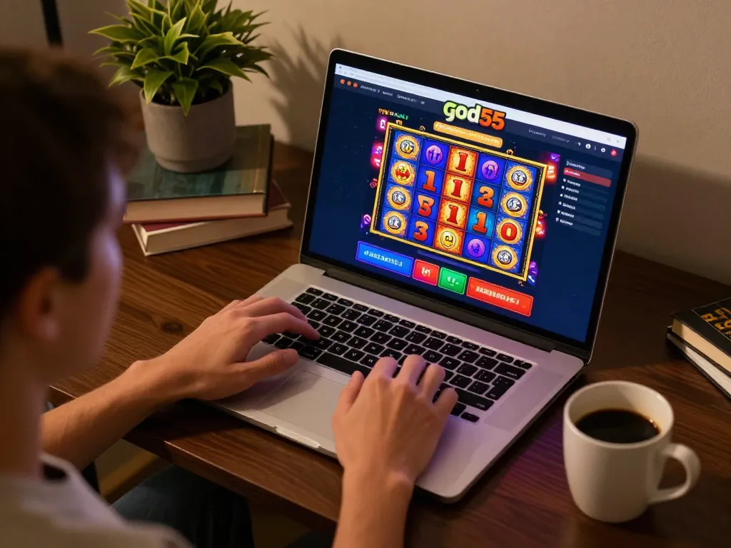 Playing on god55 casino, a colorful interface displayed on a laptop during a cozy home gaming session