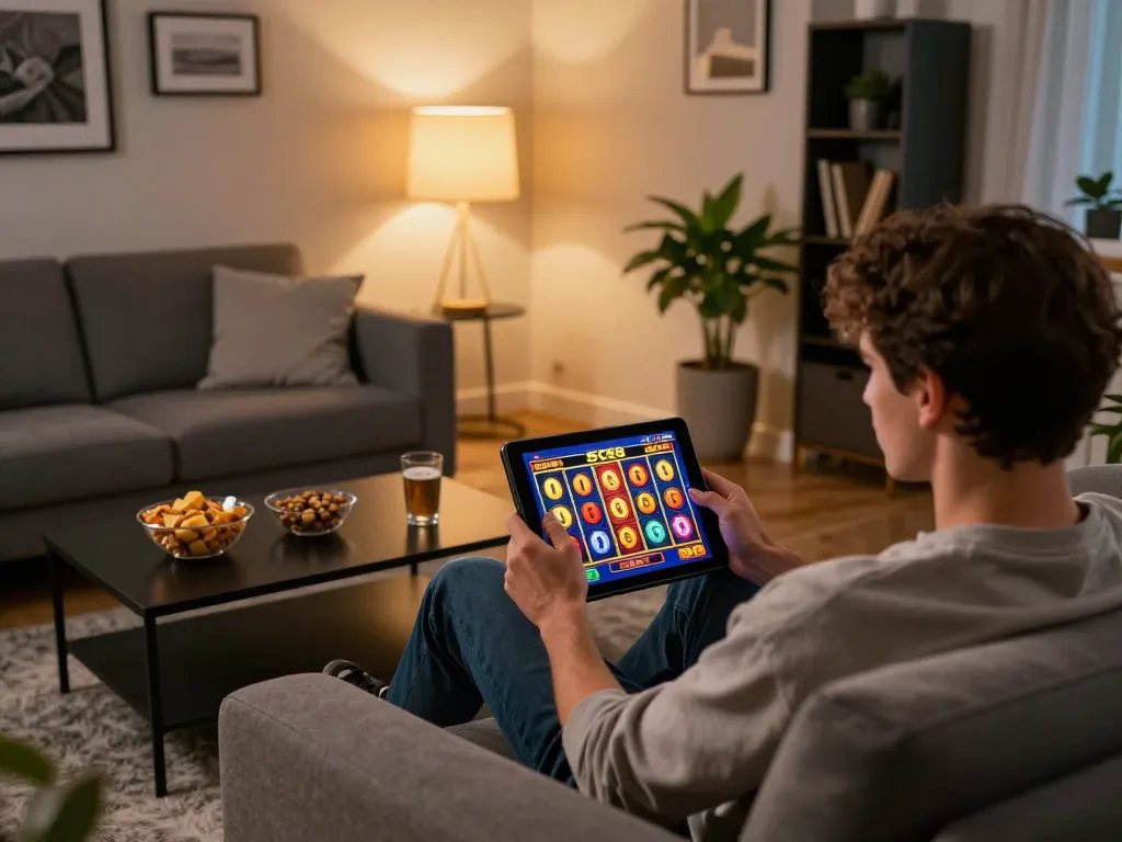 Person playing SC88 slots on a tablet, surrounded by snacks in a cozy living room.