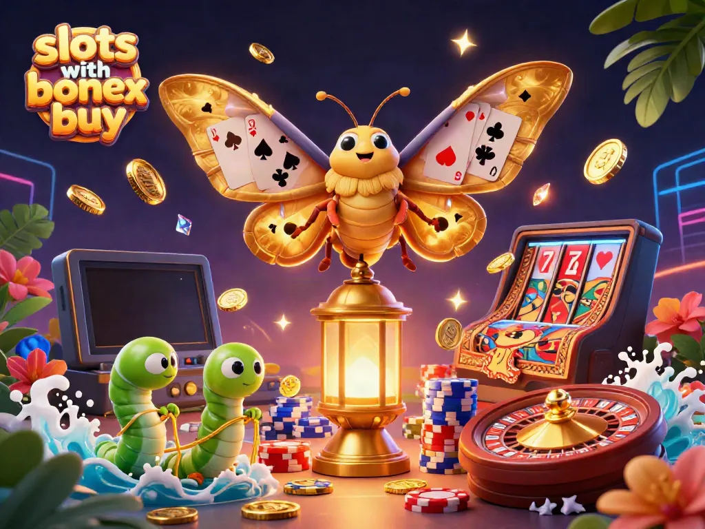 Spin the reels on slots with bonus buy featuring colorful casino elements and a vibrant butterfly.