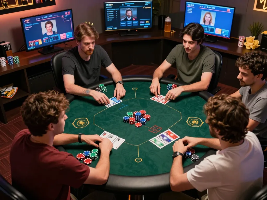 KDTOTO players engaged in an intense online poker game, showcasing high-stakes bluffing and digital gameplay action.