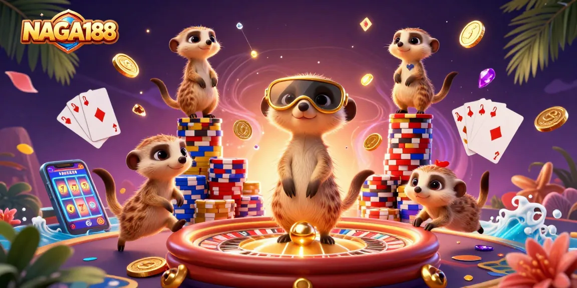 Menghadirkan NAGA188, koloni meerkat kasino 3D, di tengah tumpukan chip dan koin emas yang berkilau.