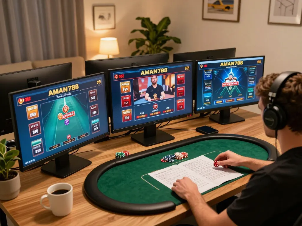Pemain terlibat menggunakan AMAN788 untuk permainan slot online di lingkungan rumah yang nyaman.