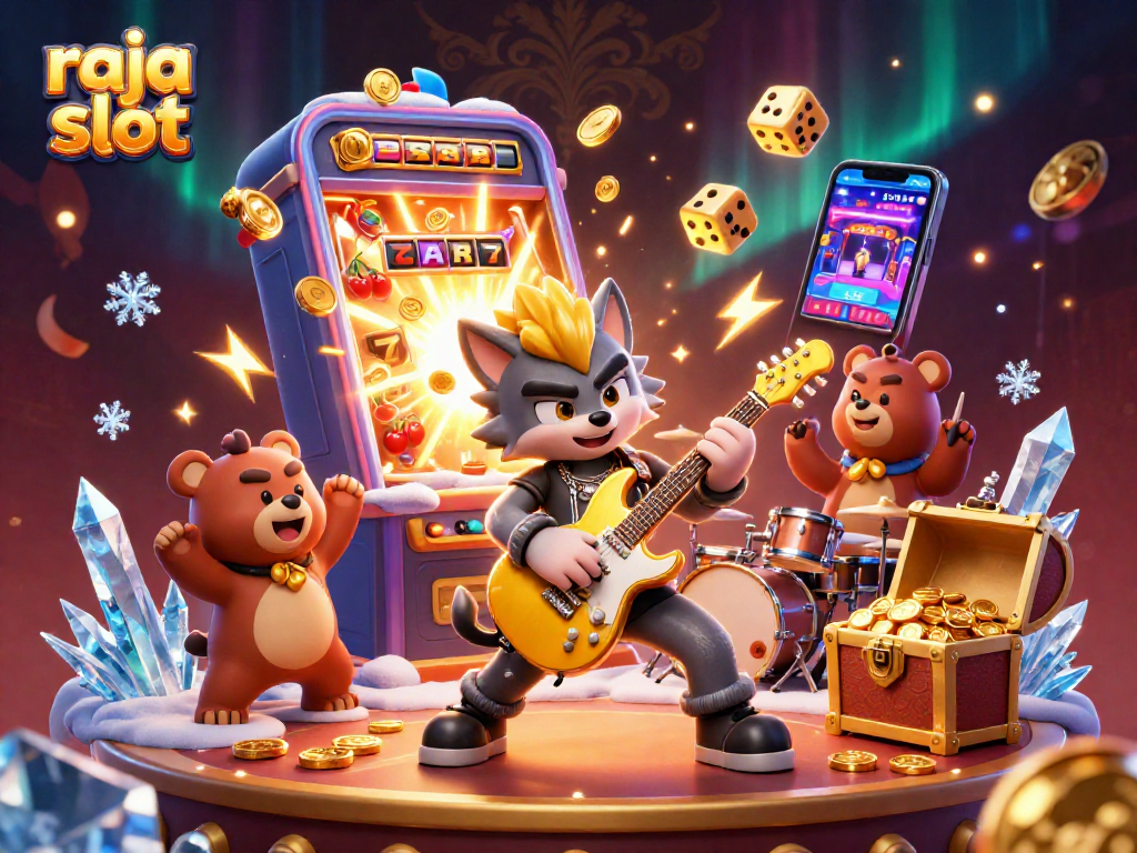 Play the raja slot featuring a rock star wolf and drummer bear in an exciting casino scene.