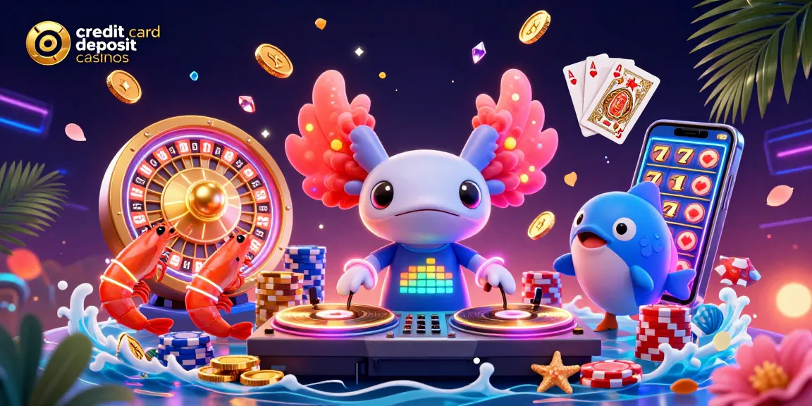 Exciting gameplay at credit card deposit casinos with vibrant axolotl DJ and sparkling gems.