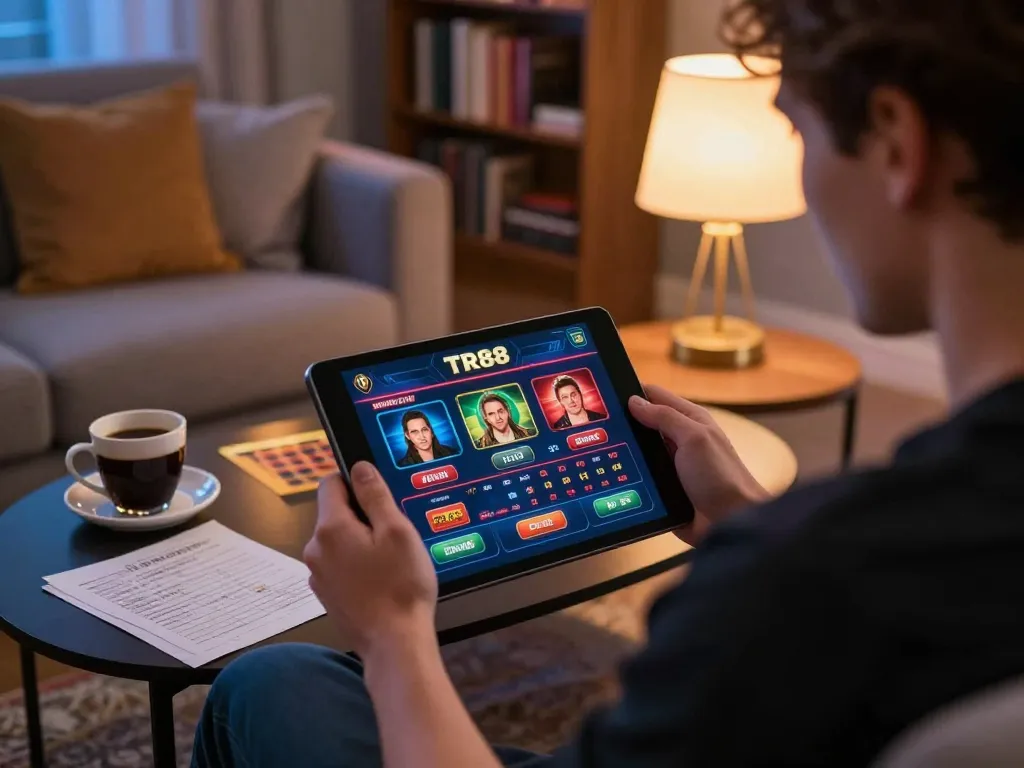 Engaging gaming moment with TR88 app on tablet, showcasing strategic betting setup and relaxed atmosphere.