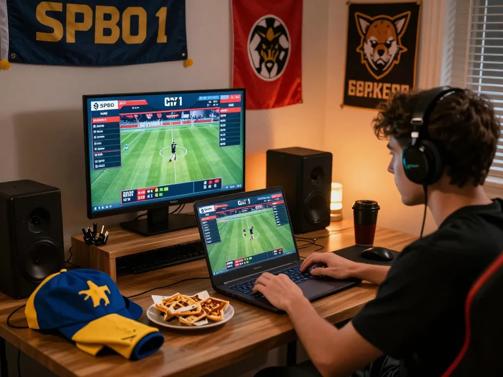 Pemain berinteraksi dengan antarmuka skor langsung SPBO 1 secara online, dikelilingi oleh memorabilia olahraga dan makanan ringan.