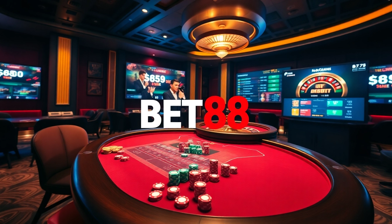 Experience the thrill of betting at BET88 with vibrant casino graphics and live play action.