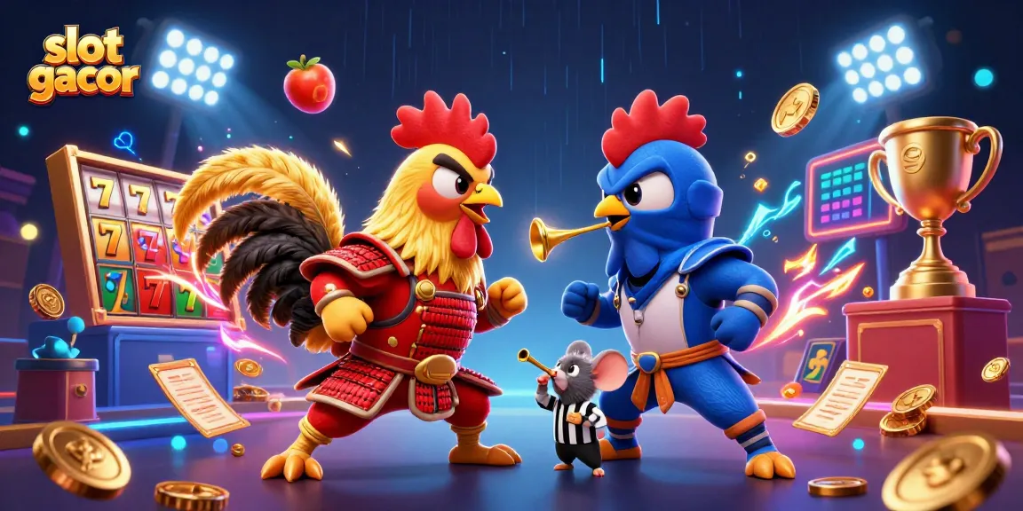 Rasakan keseruan slot gacor dengan ayam jantan bertarung di arena, dikelilingi simbol jackpot dan koin emas.