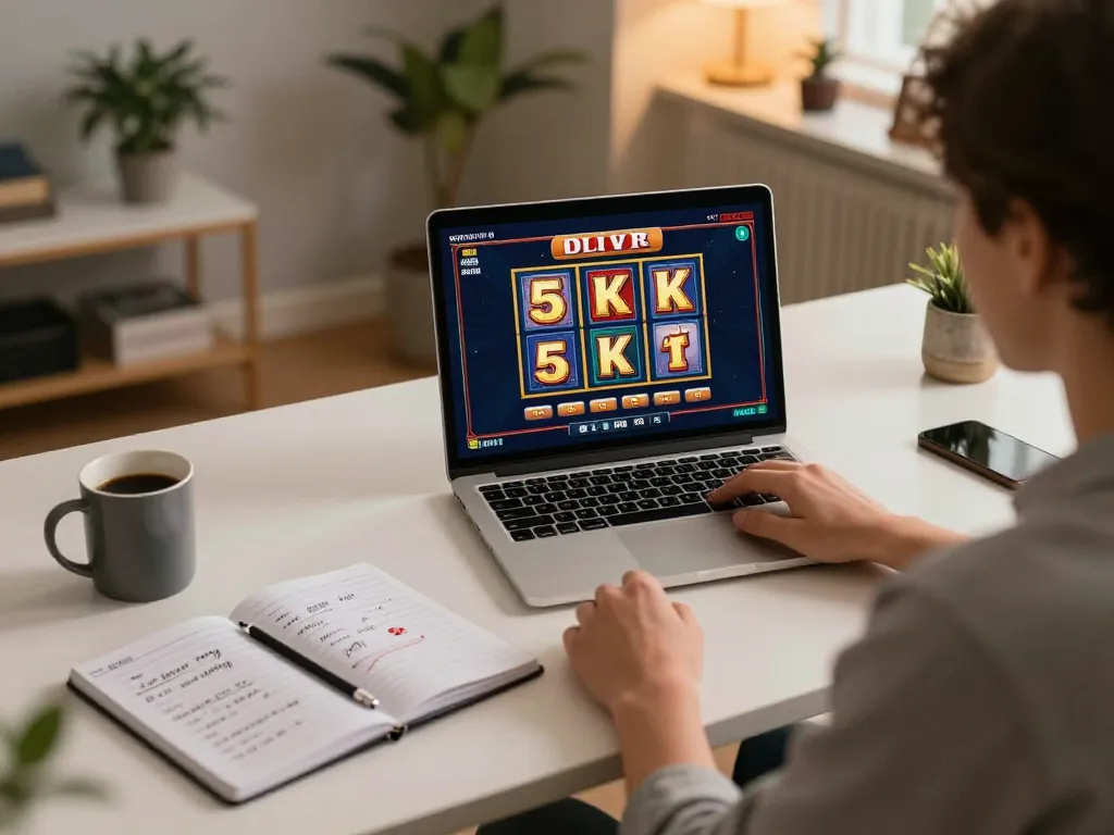 Player enjoying slot 5k game setup at home, showcasing strategic betting notes.