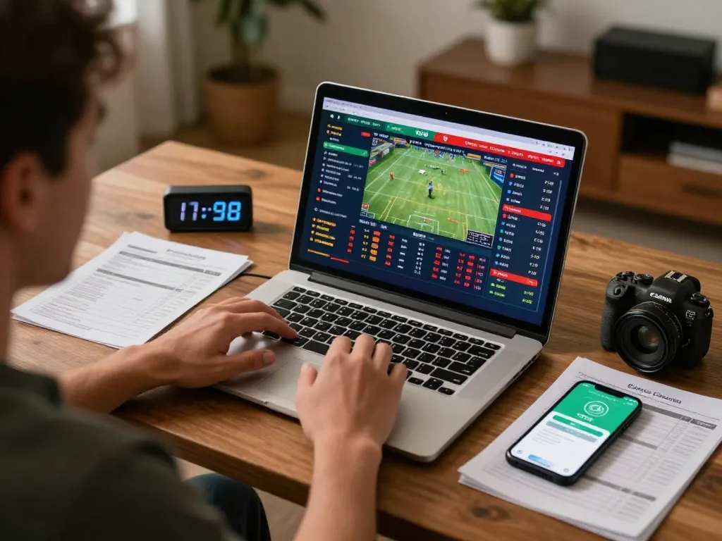 Placing strategic bets on B52 betting options at home using a laptop and smartphone.